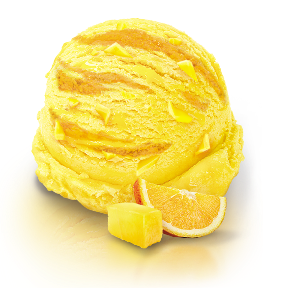 “LOVENTA” mango dessert with orange filling and mango pieces